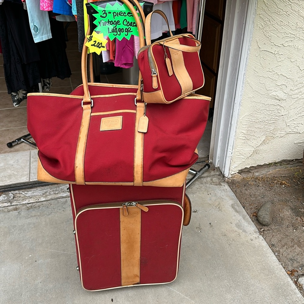 3 piece Vintage Coach Luggage red canvas and Vachetta leather.